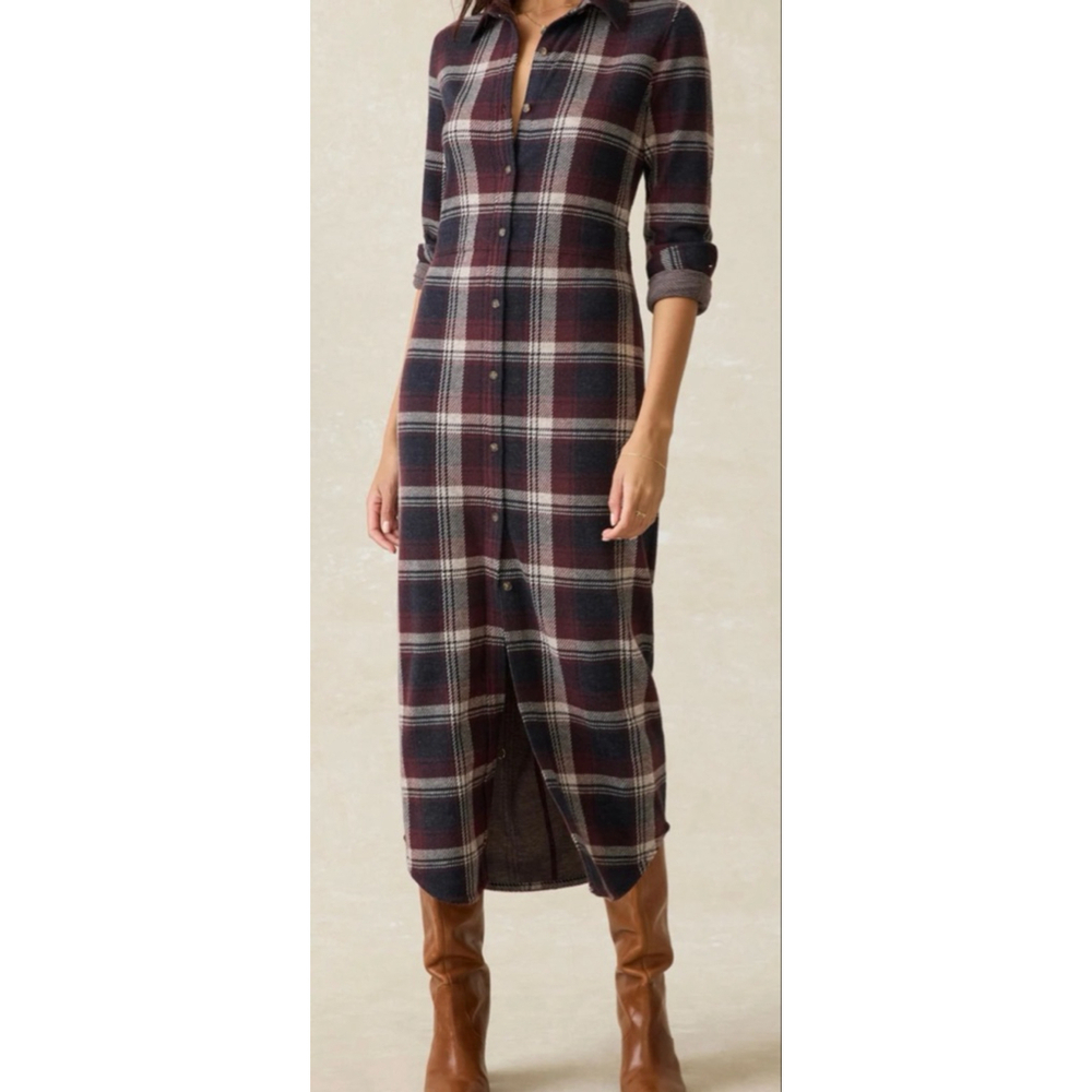 NWOT Faherty Brand S Plaid Legend Sweater Maxi Dress in Burgundy and Navy M